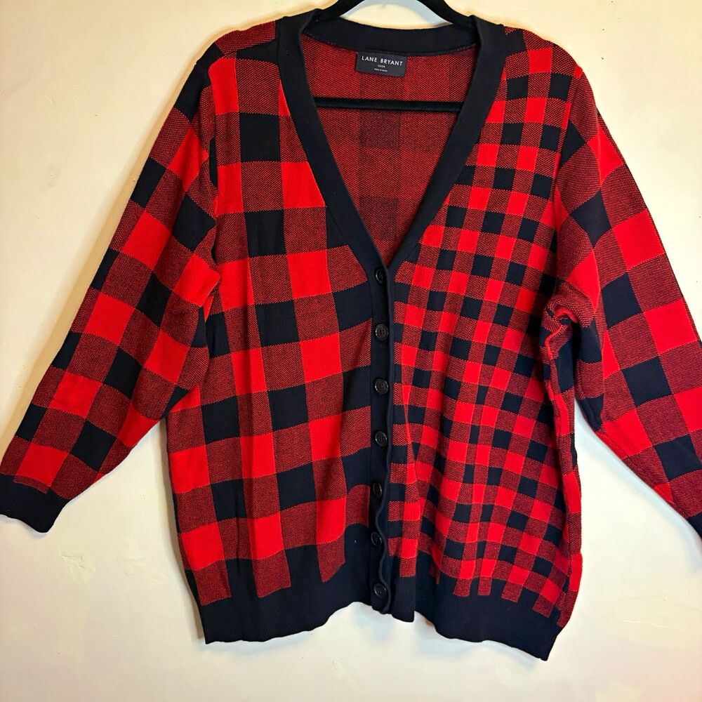 Lane Bryant Red/Black Plaid Knit V-Neck Button Front Cardigan Sweater 22/24